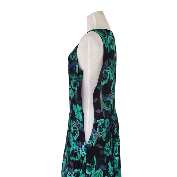 Donna Morgan Scoop Neck Sleeveless Pleated Green Black Floral Dress Boho sz 6 - Picture 9 of 9